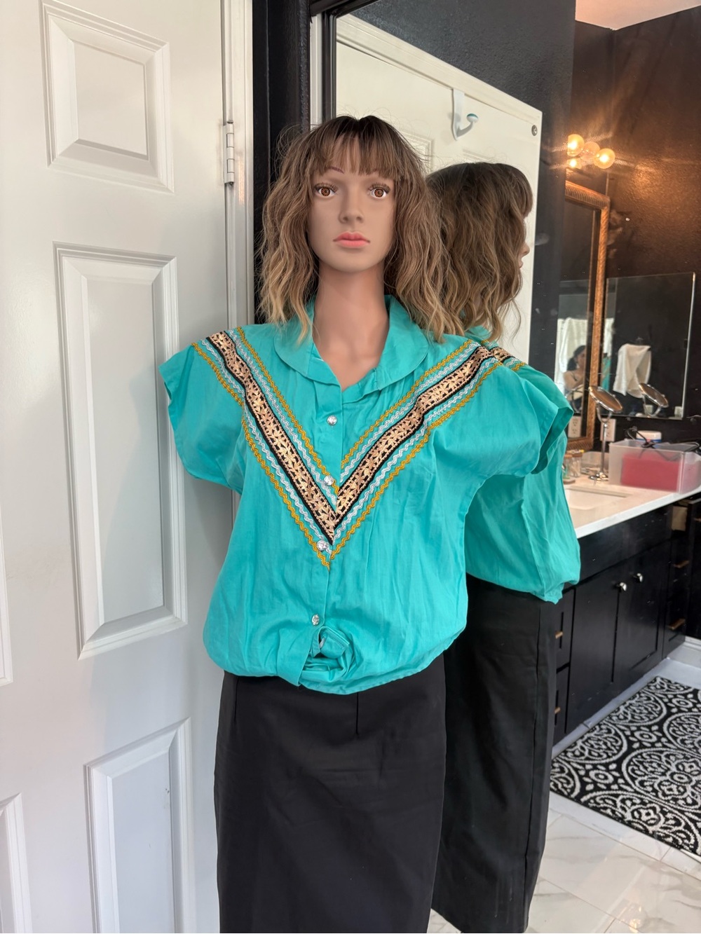 Rockabilly, pinup, patio Turquoise Embroidered V-Neck Button Front Women’s Top